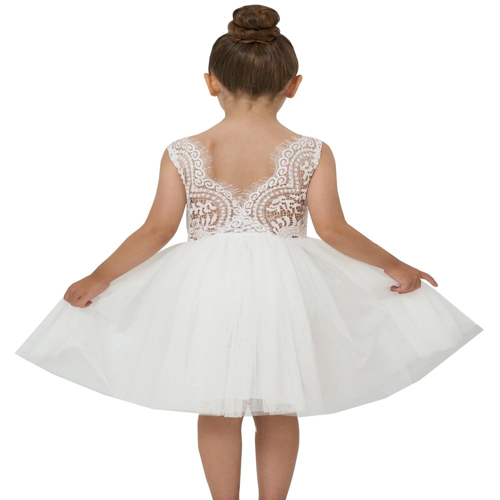 2Bunnies Girl Peony Lace Back A-Line Straight Tutu Tulle Party Flower Girl Dress (White Sleeveless Short, 12-18M)