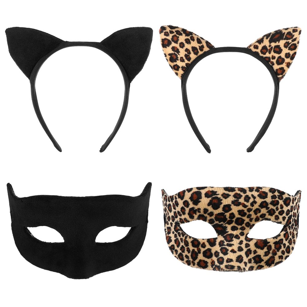 Black Cat Ears Set, Cat Ear Headband with Masquerade, Halloween Headband Set for Children and Adults, Cosplay Party Costume (Black, Leopard Print & Mask)