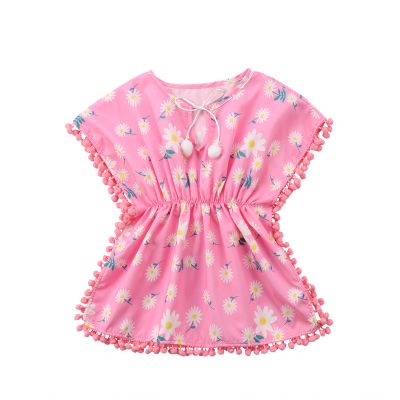 Tiacham Toddler Baby Girls Swimsuit Coverup Beach Dresses Tassels Cover Up Pompom Poncho Rash Guards (Pink, 1-2T)