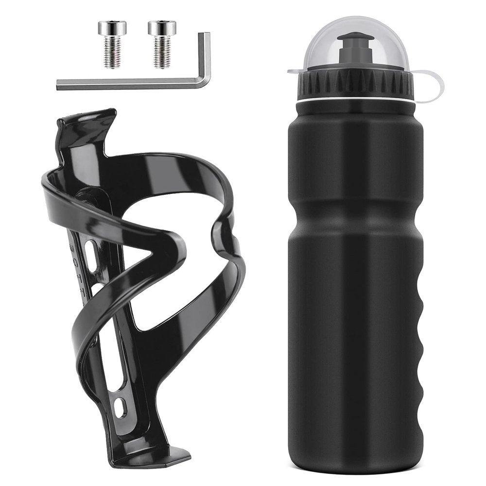 Ainiv Bike Water Bottle Cage with BPA-Free 800ml/28oz Bike Bottle, Black Gloss Strong Bike Water Bottle Holder, Bicycle Cup Holder, Cycling Bottle Holder for Road Bike and Mountain Bike, Black