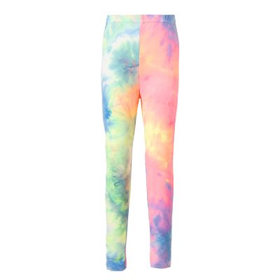 dPois Kids Girls' Stretchy Leggings Tie Dye Printed Pants Soft Dance Tights Full Length Trousers Active Dance wear Pink&Fluorescent_Gre 1-2