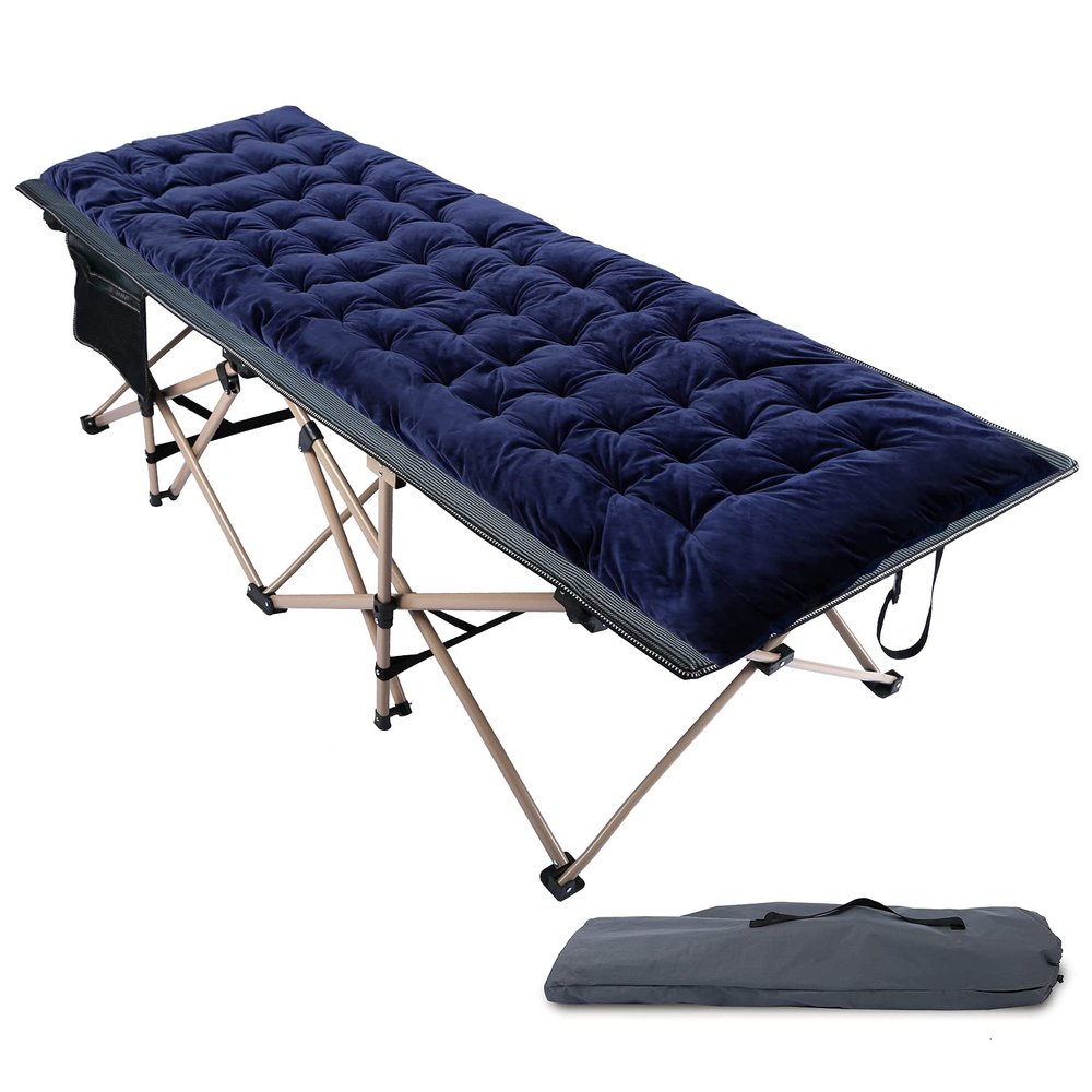 REDCAMP Folding Camping Cots for Adults with Mattress Pad, Soft and Comfortable for Outdoor Indoor Office Sleeping (Blue Thicker Pad, Grey Oversized Cot)