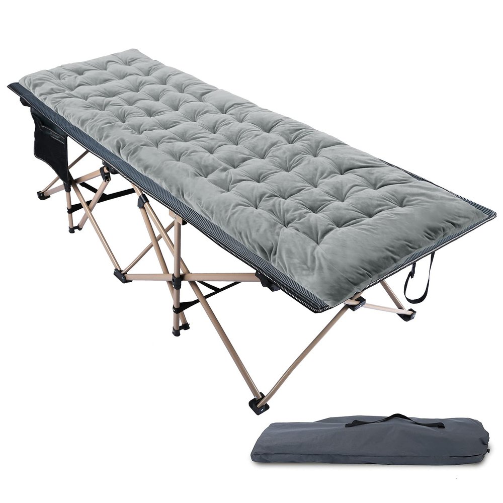 REDCAMP Folding Camping Cots for Adults with Mattress Pad, Soft and Comfortable for Outdoor Indoor Office Sleeping (Grey Thicker Pad, Grey Oversized Cot)