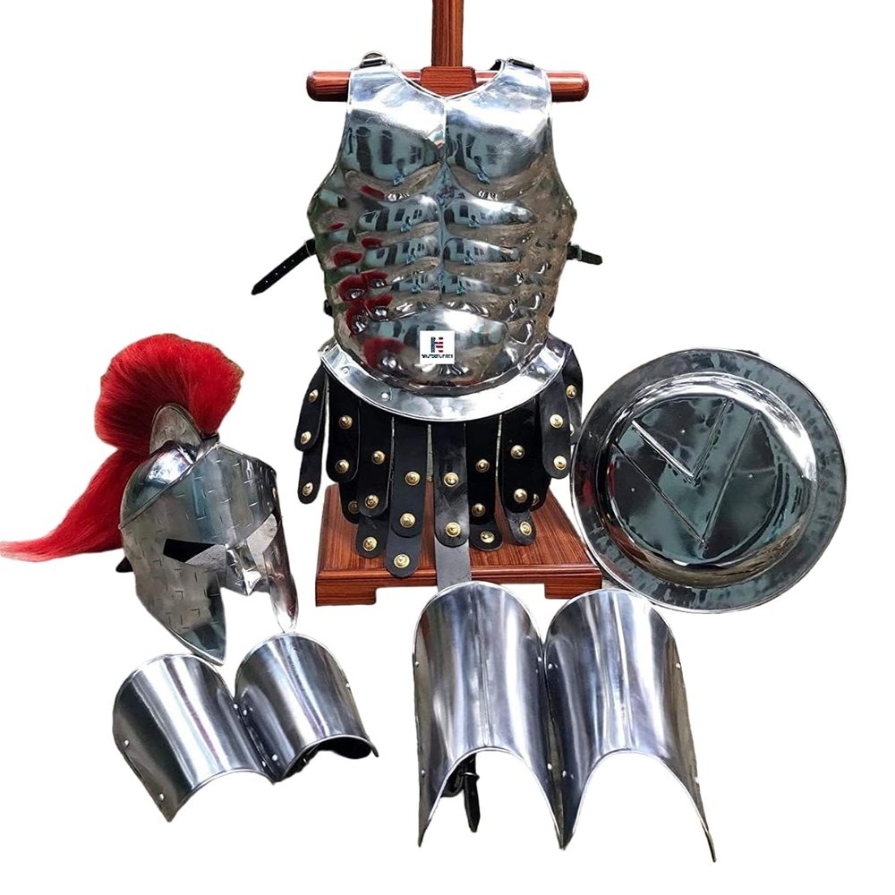 Medieval Roman King Leonidas 300 Spartan Helmet W/Red Plume + Muscle Body Armor Cuirass + Shield + Leg Or Arm Guard Silver Halloween Costume LARP Custom Size