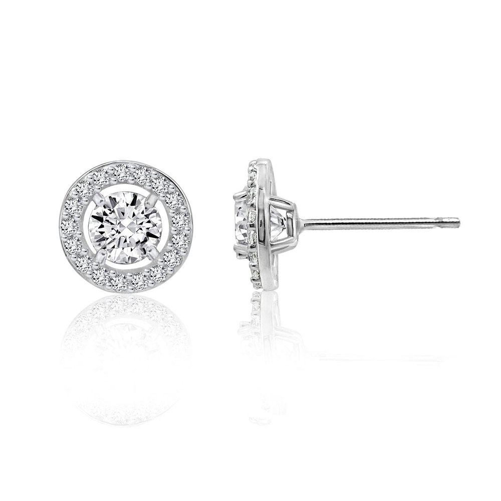 DiamonBliss Platinum Plated Silver 1ct Round Cut Floating Halo Stud Earrings