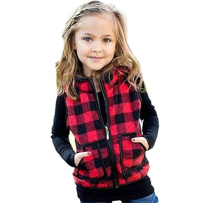 XFGLCK Toddler Kids Baby Girls Vest Coat Plaid Zipper Jacket Christmas Outfits Sleeveless Fall Winter Outwear with Pocket (Red, 1-2 Years)