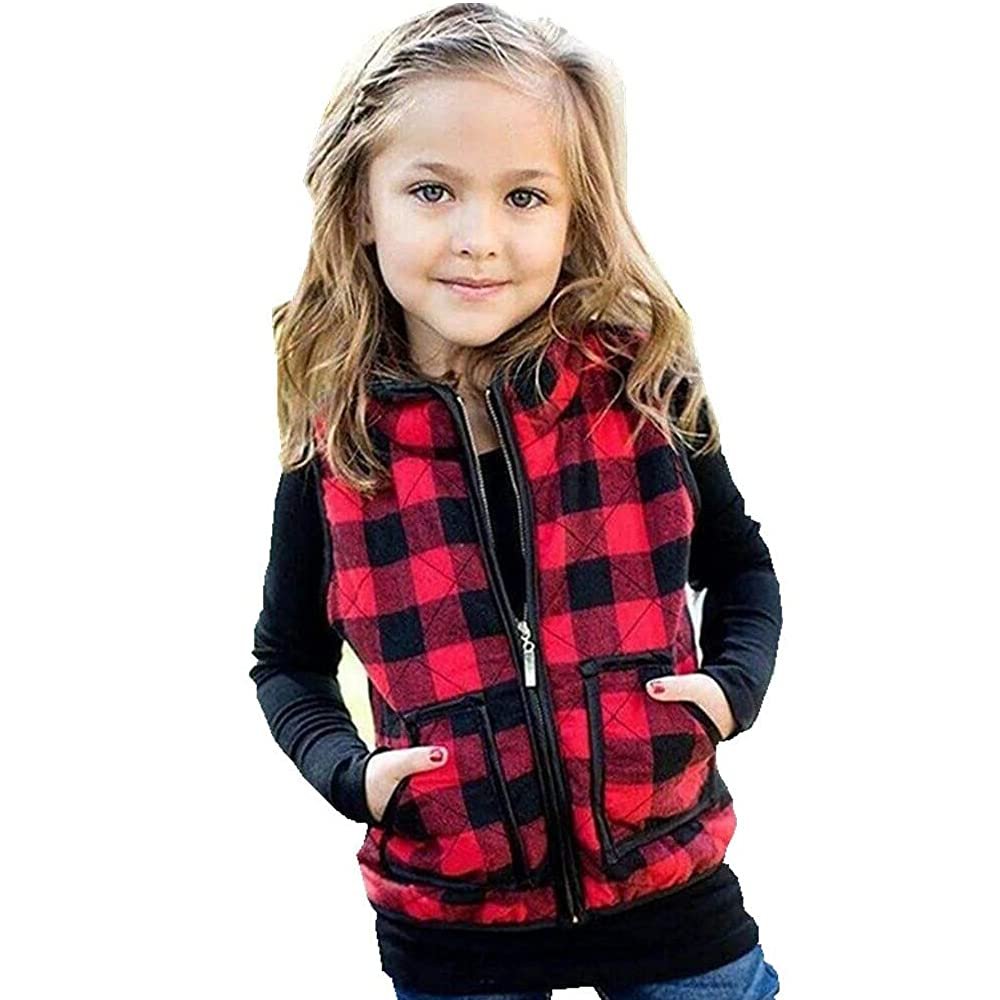 XFGLCK Toddler Kids Baby Girls Vest Coat Plaid Zipper Jacket Christmas Outfits Sleeveless Fall Winter Outwear with Pocket (Red, 1-2 Years)