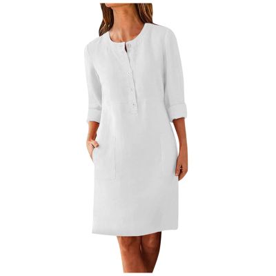 Dress for Women, Women's Solid Cotton Linen Dress, Womens Long Sleeve O-Neck Maxi Pockets Loose Baggy Long Dress White