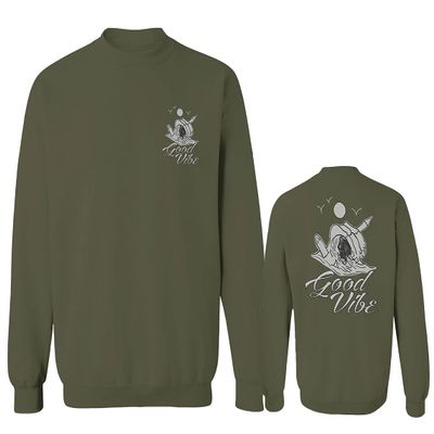 Front and Back Funny Skeleton Summer Beach Good Vibes surf Surfing Men's Crewneck Sweatshirt (Olive, X-Large)