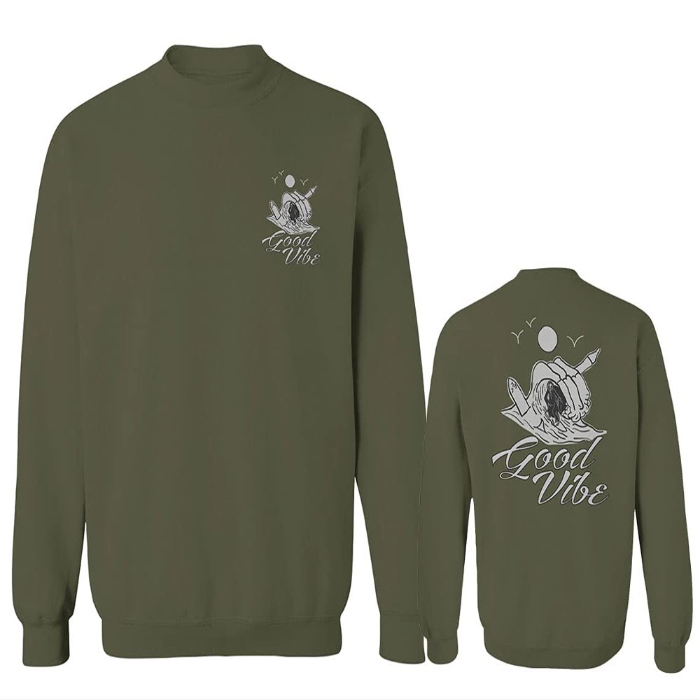 Front and Back Funny Skeleton Summer Beach Good Vibes surf Surfing Men's Crewneck Sweatshirt (Olive, X-Large)