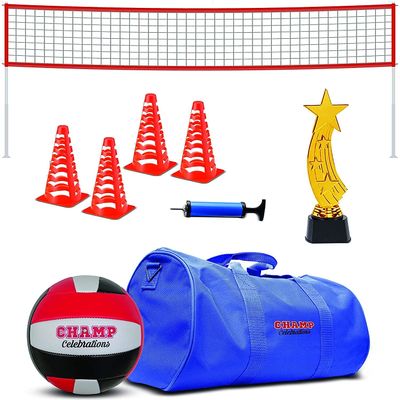 Champ Celebrations All-in-One Volleyball Set | Kids Sports Duffle Bag, Volleyball Net, Field Markers, Volleyball, Air Pump and Winner Team Trophy | for Home School, Groups & Birthdays - 12 Players