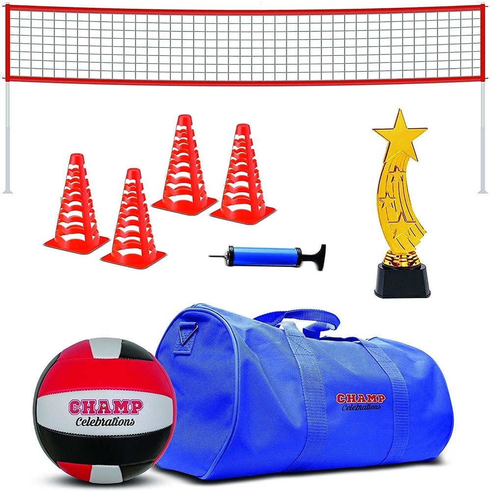 Champ Celebrations All-in-One Volleyball Set | Kids Sports Duffle Bag, Volleyball Net, Field Markers, Volleyball, Air Pump and Winner Team Trophy | for Home School, Groups & Birthdays - 12 Players
