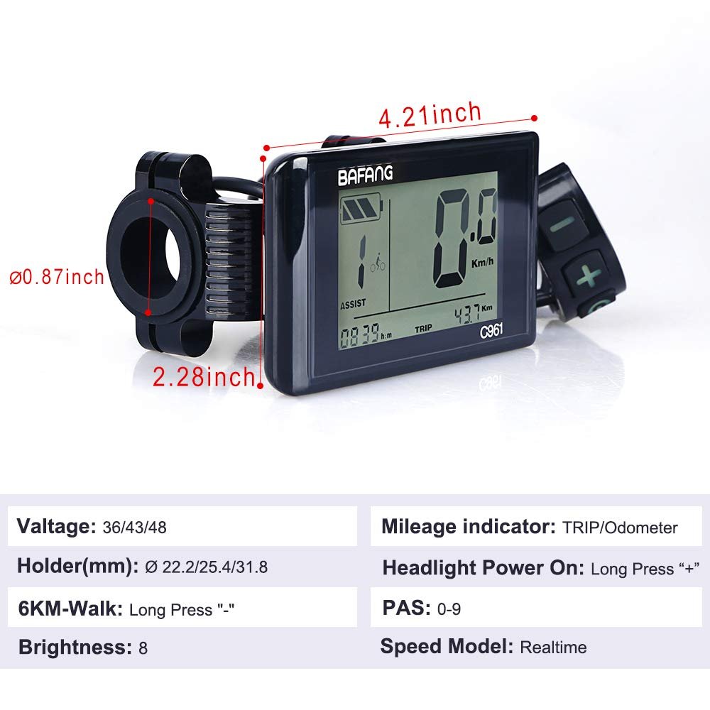 LCD Display & Computer for Electric Bike : C961 Compatible with BAFANG BBS01 BBS02 BBSHD Mid Drive Motor, 8fun Smart Indicator & Meter Control Panel with Controller for eBike Conversion Kit
