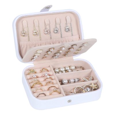 Hatori Travel Jewelry Box, PU Leather Small Jewelry Organizer for Women Girls, Portable Mini Travel Case Display Storage Holder Boxes for Stud Earrings, Rings, Necklaces, Bracelets (White Beige)