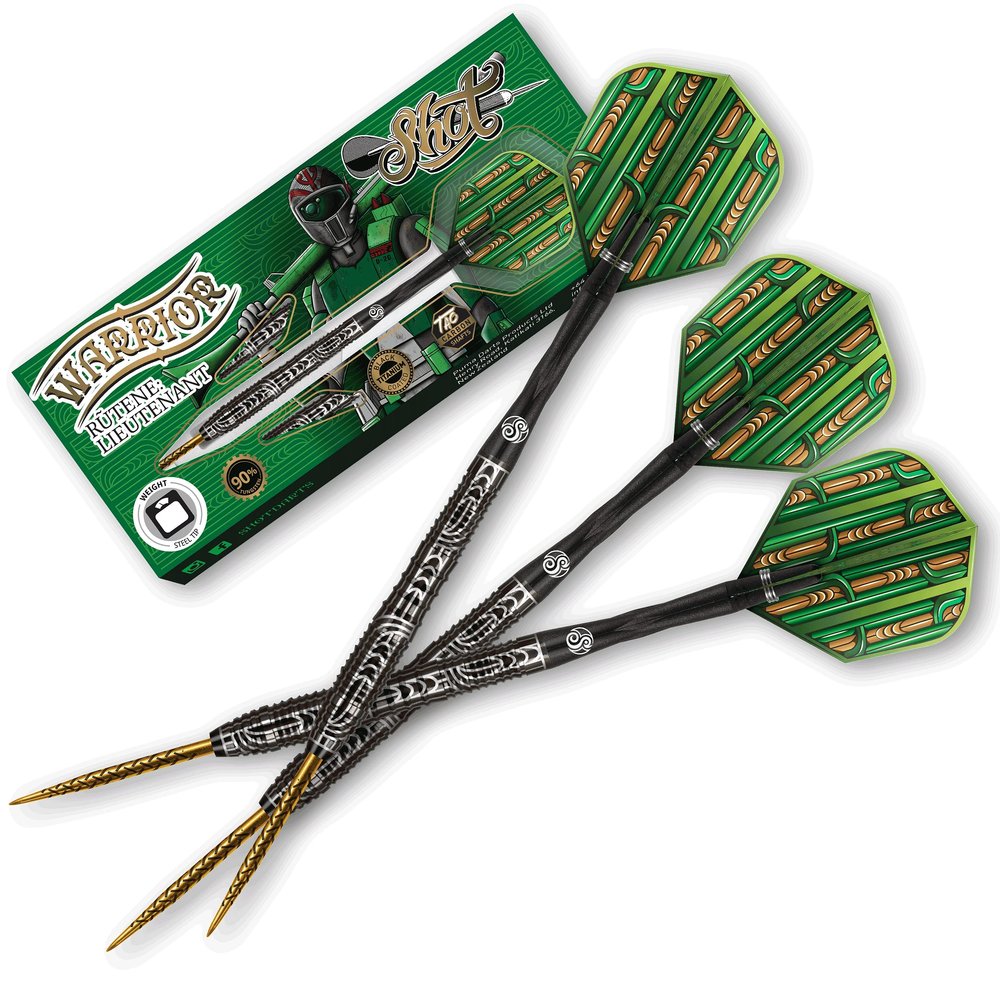 Shot Darts Steel Tip, Warrior Rutene (23g/24g/25g/26g), 90% Tungsten Barrels, Front Balanced, Wide Shark Grip, Handcrafted Professional Dart Set and Flights Made in New Zealand, Metal Tip Bar Darts