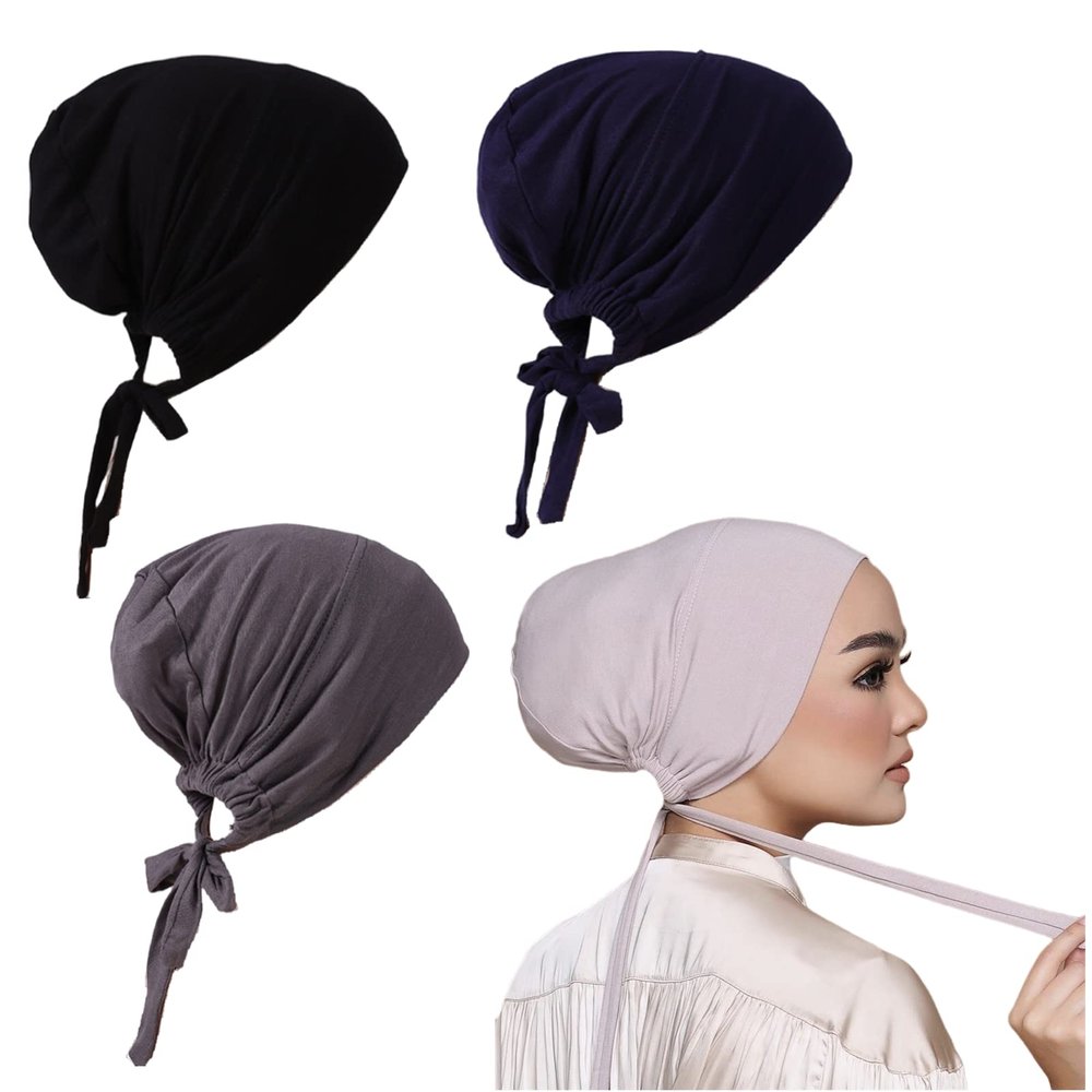 3 Pieces Adjustable Muslim Inner Under Hijab Cap with Ties Back Islamic Under Scarf Bonnet Caps Chemo Cap (Black)