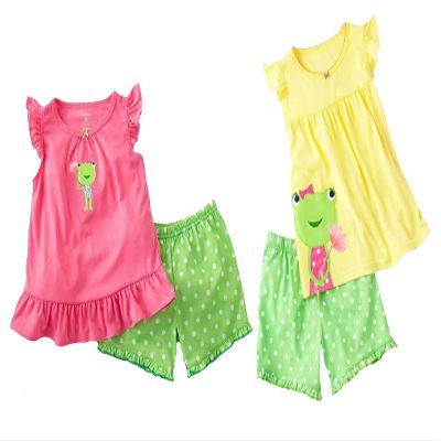 Babygp Frog Little Girls Shorts 2 Piece Pajama 100%(Pink-Yellow-4 Pieces,6 Years)