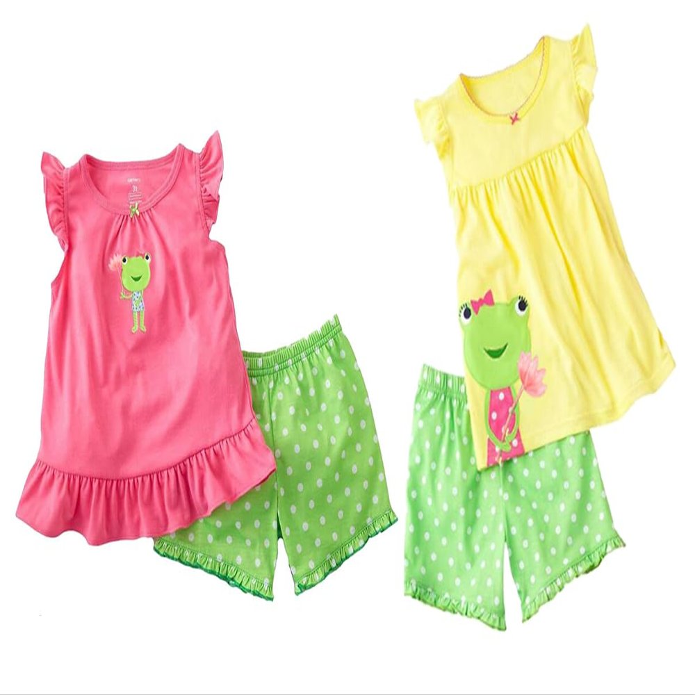Babygp Frog Little Girls Shorts 2 Piece Pajama 100%(Pink-Yellow-4 Pieces,6 Years)