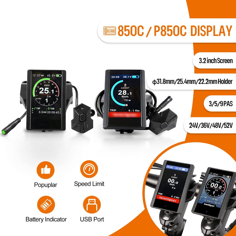 LCD Display & Computer for Electric Bike : P850C Compatible with BAFANG BBS01 BBS02 BBSHD Mid Drive Motor, 8fun Smart Indicator & Meter Control Panel with Controller for eBike Conversion Kit