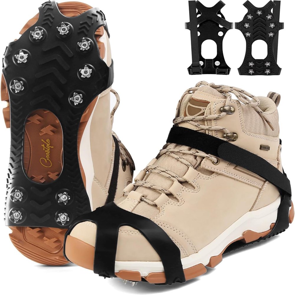 11 Spikes Crampons, Upgraded Version Stainless Steel Anti-Slip, Ice Cleats Grips for Hiking Shoes and Boots, Hiking Fishing Walking Mountaineering,Black,XX-Large