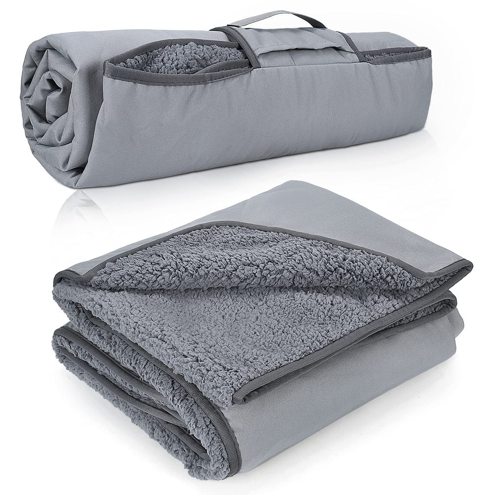 Tirrinia Waterproof Outdoor Blanket with Sherpa Lining, Windproof Triple Layers Warm Comfy Foldable for Camping Stadium, Sports, Picnic, Grass, Concert, Pet, Travel, Emergency Car Blanket 59''X 80''