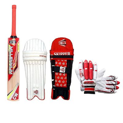 CW Trainer Red Blue Wooden Cricket kit for All Age Groups Kashmir Willow Cricket Bat Size 3-6 Cricket Glove Kit for Boys - Senior Men Full Size Left & Right Hand Kit (5 for 10-11 Yr, Left Red)