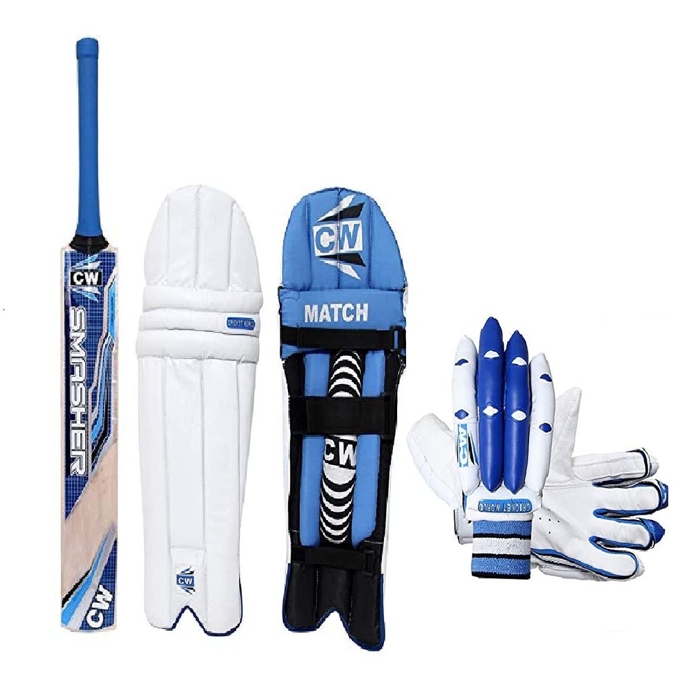 CW Trainer Red Blue Wooden Cricket kit for All Age Groups Kashmir Willow Cricket Bat Size 3-6 Cricket Glove Kit for Boys - Senior Men Full Size Left & Right Hand Kit (4 for 8-9 Yr, Right Blue)