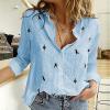 Fashion Women's Loose Buttons Bird Print Lapel Long Sleeves T-Shirts Blouse Topsfor Women Girls Blue view 2