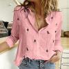 Fashion Women's Loose Buttons Bird Print Lapel Long Sleeves T-Shirts Blouse Topsfor Women Girls Pink view 2