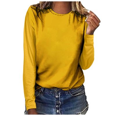 Womens Long Sleeve Crewneck Tops Early Autumn Solid Loose Sweatshirt Fashion Casual Comfy Fit T Shirt Yellow