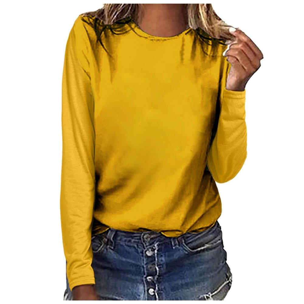 Womens Long Sleeve Crewneck Tops Early Autumn Solid Loose Sweatshirt Fashion Casual Comfy Fit T Shirt Yellow