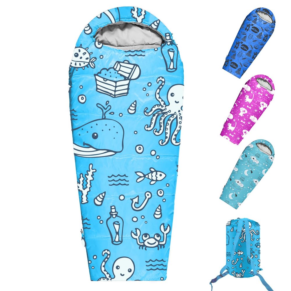 KidzAdventure Mummy Style 32  59F Kids Sleeping Bag with Pillow Sleeve, 4 Season, Lightweight and Backpacking Style, Ideal for Camping, Sleepover, Boys, Girls, Youth and Toddlers  Ocean World Kids
