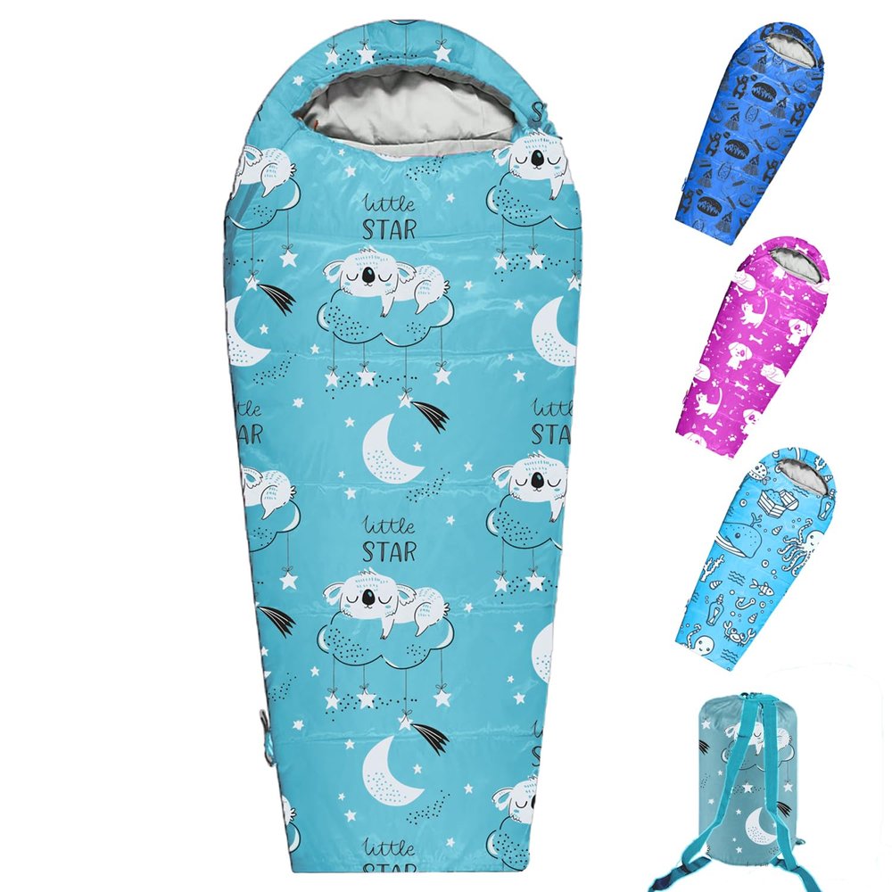 KidzAdventure Mummy Style 32  59F Kids Sleeping Bag with Pillow Sleeve, 4 Season, Lightweight and Backpacking Style, Ideal for Camping, Sleepover, Boys, Girls, Youth and Toddlers  Little Star Kids
