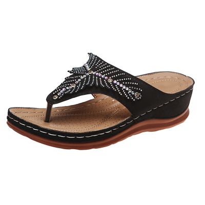 oiangi Rhinestone Wedge Sandals for Women,Summer Fashion Open Toe T Strap Thong Flip Flops Sandals Comfortable Casual Beach Shoes Slippers Black
