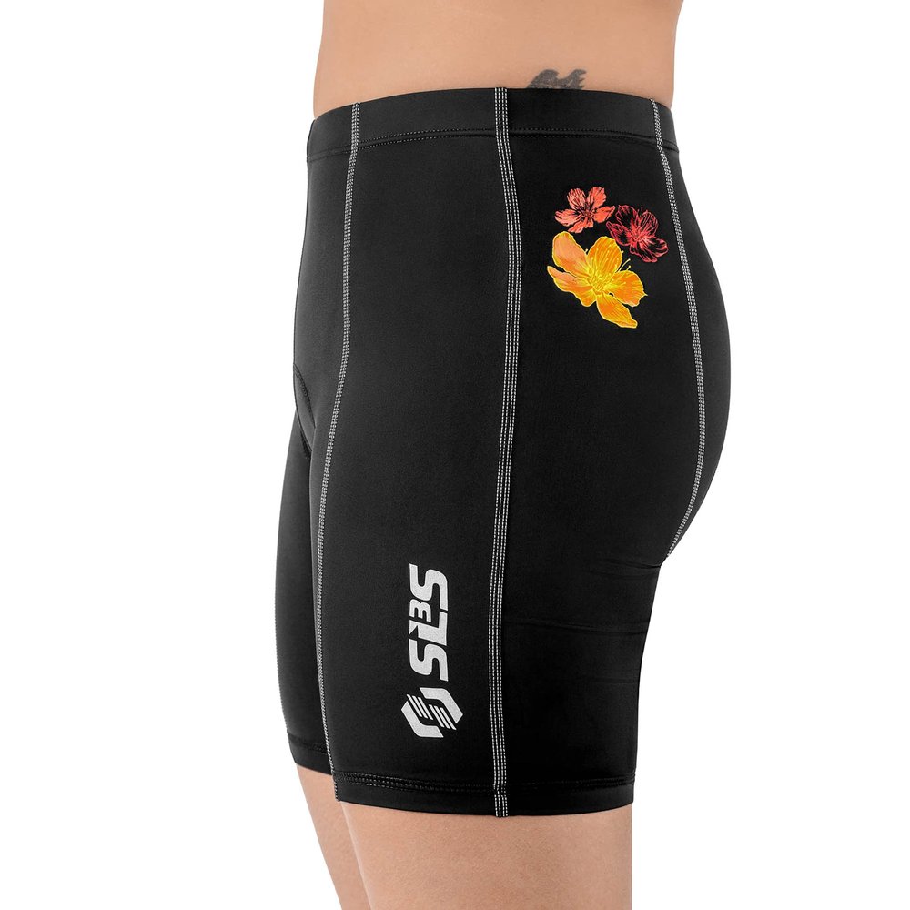 SLS3 Triathlon Shorts Women - Slim Athletic Fit FRT Womens Tri Shorts, Padded (Black/Bright Hibiscus Blooms, Large)
