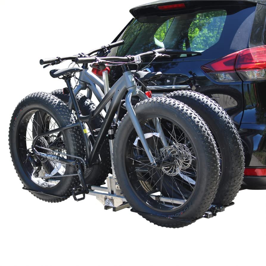 Futura GP RV Approved Hitch Mounted E Bike Rack Carrier for RV Camper Motorhome Trailer Toad with 2" Class 3 or Higher Tow Hitch Receiver - Fits Up to 2X 60lb Step Thru E Bike with Up to 5" Fat Tires