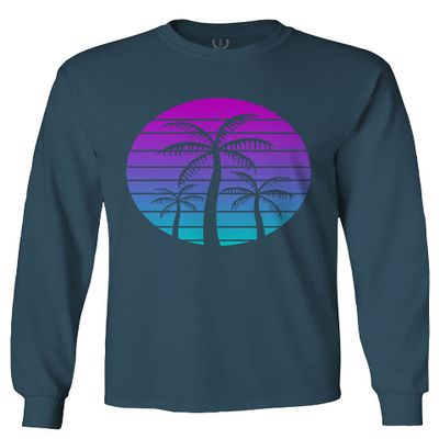 0388. Summer Vacations Vaporwave Palm Trees Aesthetics Art Sunset Beach Men's Long Sleeve t Shirt (Indigo Blue 2X Large)