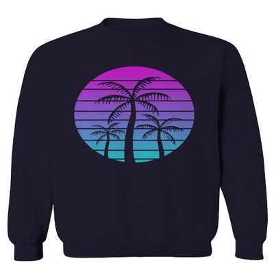 0388. Summer Vacations Vaporwave Palm Trees Aesthetics Art Sunset Beach Men's Crewneck Sweatshirt (Navy X-Large)