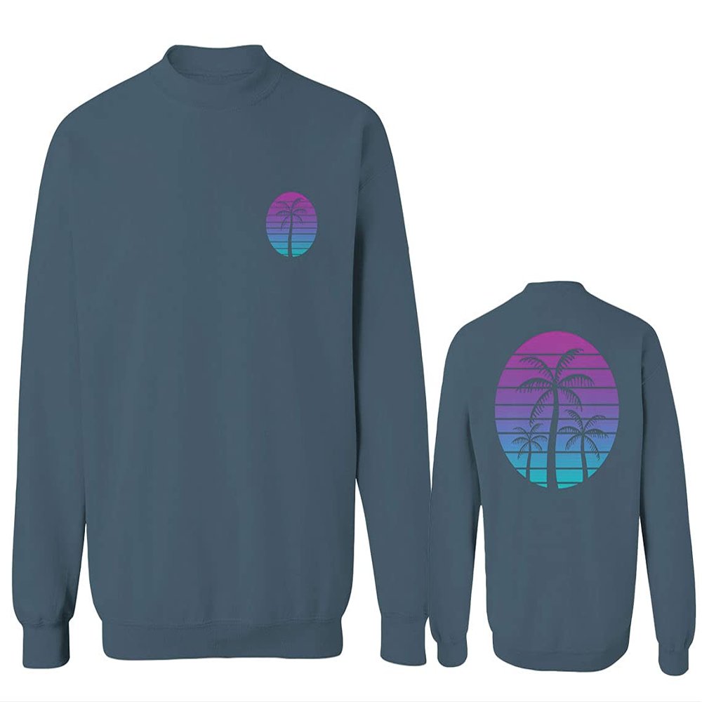 Front and Back Vaporwave Palm Trees Aesthetics Art Beach surf Sunset Men's Crewneck Sweatshirt (Indigo Blue X-Large)