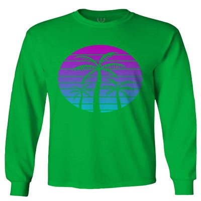 0388. Summer Vacations Vaporwave Palm Trees Aesthetics Art Sunset Beach Men's Long Sleeve t Shirt (Irish Green Medium)