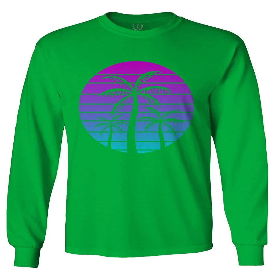 0388. Summer Vacations Vaporwave Palm Trees Aesthetics Art Sunset Beach Men's Long Sleeve t Shirt (Irish Green Medium)