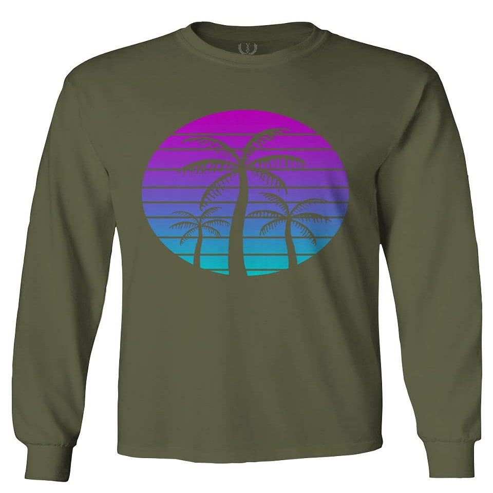 0388. Summer Vacations Vaporwave Palm Trees Aesthetics Art Sunset Beach Men's Long Sleeve t Shirt (Olive, 2X Large)