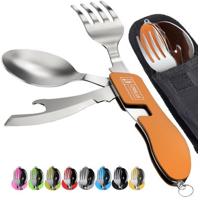 Orblue 4-in-1 Camping Eating Utensils, 2-Pack - Portable Spoon, Fork, Knife & Bottle Opener Combo Set - Stainless Steel Flatware with Detachable Fork - Travel, Backpacking Cutlery Multitool, Orange