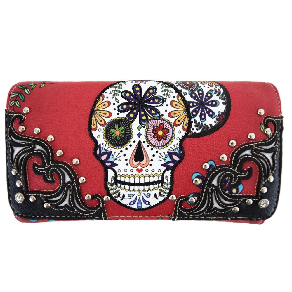 Western Style Sugar Skull Studded Country Purse Single Shoulder Bag Clutch Women Blocking Wristlet Wallet (#2 Red)
