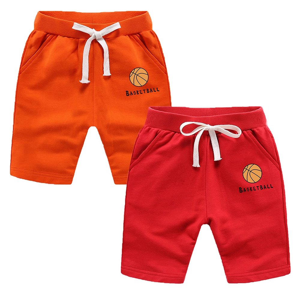 EISHOW 2-Pack Baby Boys Girls Shorts Basketball Soccer Funny Print Short Pants Soft Cotton Shorts with Drawstring Pockets (Red & Orange,2-3Y,2 Years,3 Years)