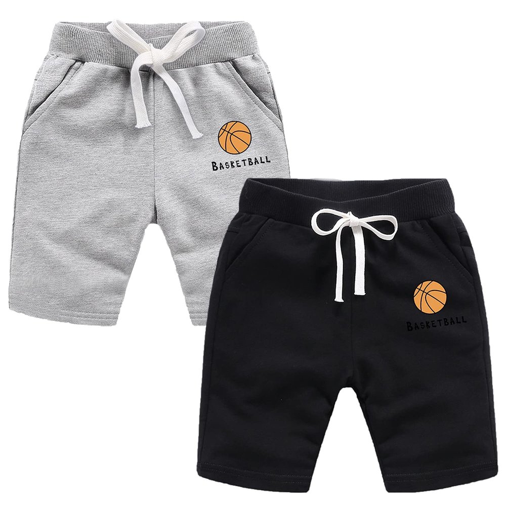 EISHOW 2-Pack Baby Boys Girls Shorts Basketball Soccer Funny Print Short Pants Soft Cotton Shorts with Drawstring Pockets (Gray & Black,2-3Y,2 Years,3 Years)