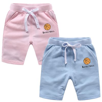 EISHOW 2-Pack Baby Boys Girls Shorts Basketball Soccer Funny Print Short Pants Soft Cotton Shorts with Drawstring Pockets (Sky Blue & Pink,6-7Y,6 Years,7 Years)