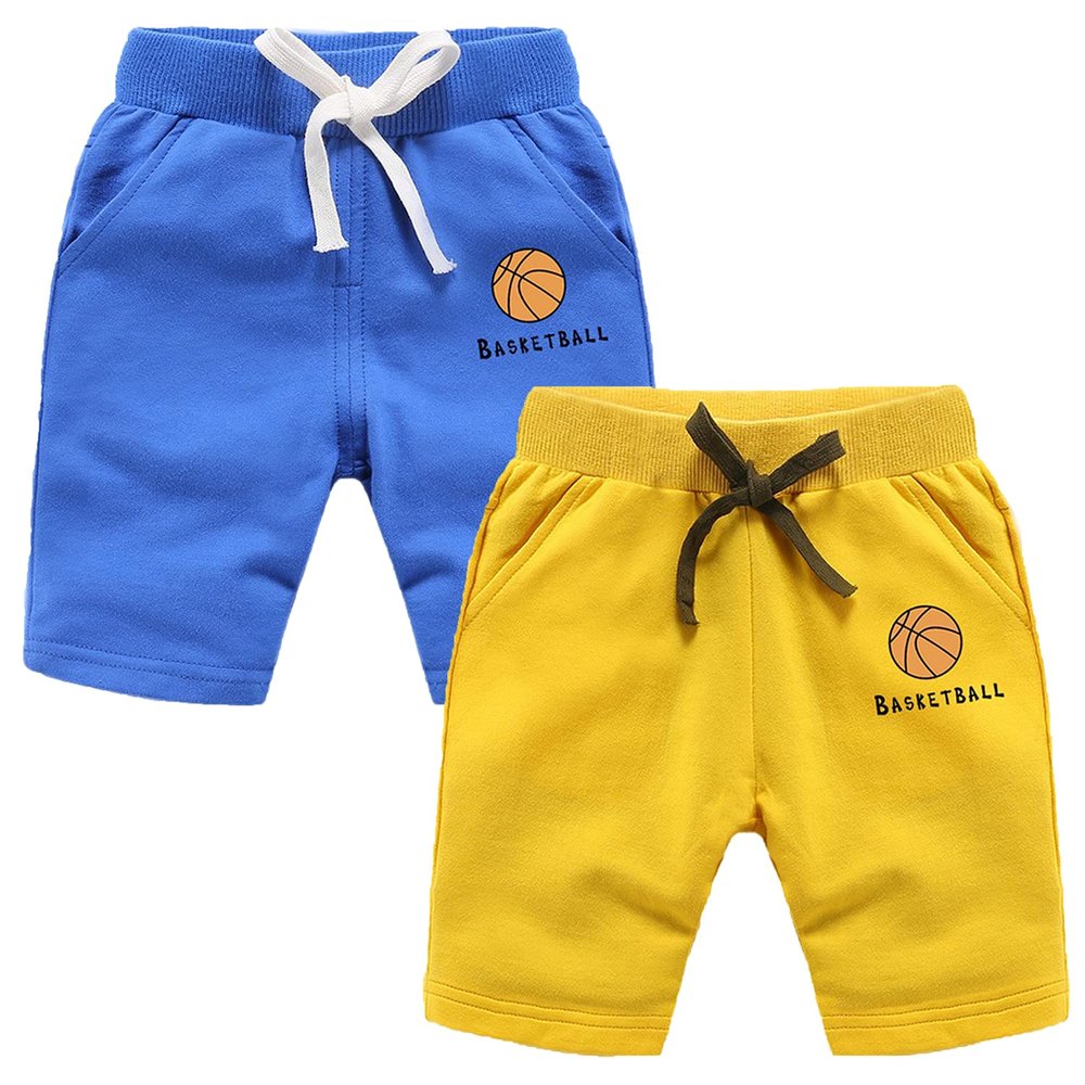 EISHOW 2-Pack Baby Boys Girls Shorts Basketball Soccer Funny Print Short Pants Soft Cotton Shorts with Drawstring Pockets (Color Blue & Yellow,3-4Y,3 Years,4 Years)
