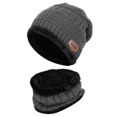 XYIYI Kids Winter Knit Hat and Scarf Set, 2Pcs Warm Fleece Lining Beanie Cap and Scarf for 5-14 Year Old Boys Girls (Grey)