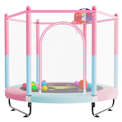 60" Trampoline for Kids, 5 FT Toddler Baby Trampoline with Safety Enclosure Net, Indoor or Outdoor Pink/Blue Small Trampolines with Basketball Hoop, Birthday Gifts for Kids, Gifts for Girl